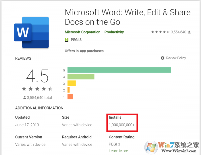 微软Word安卓版达到了10亿次的安装量