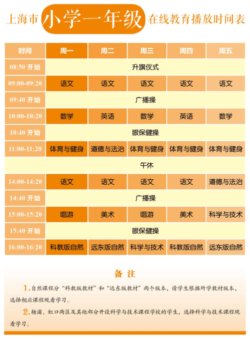 上海中小学线上教学课表