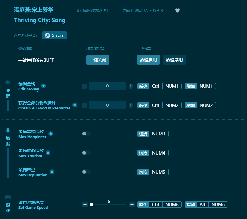 满庭芳宋上繁华六项修改器 v2023最新版