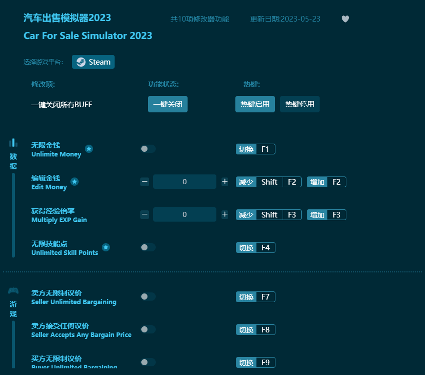 汽车出售模拟器2023十项修改器 v2023最新版